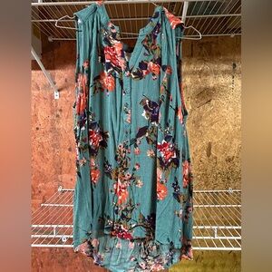 Floral Sleeveless Top - Teal and Multicolor